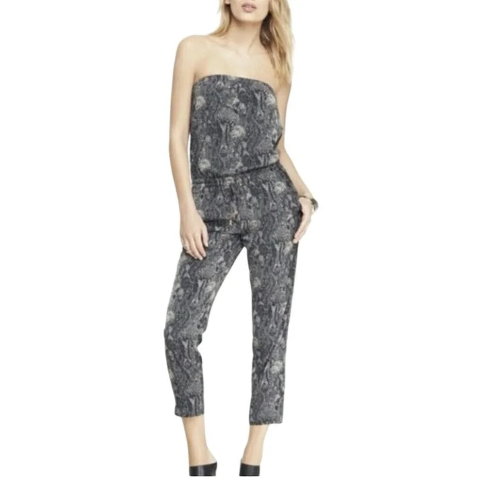 Express Womens Snakeskin Print Strapless Jumpsuit Grey Black XS Drawstring Waist